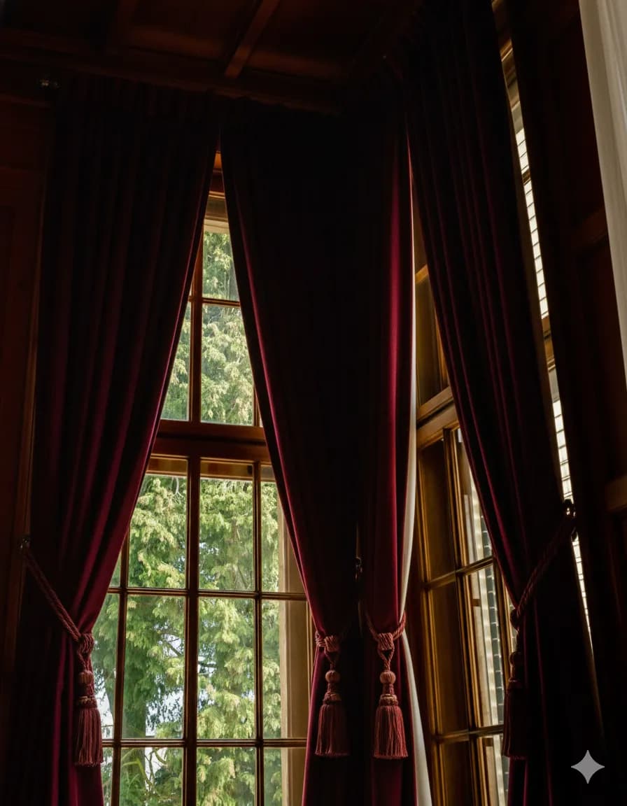 AI-generated sample image: the same tall window before and after a curtain change, after