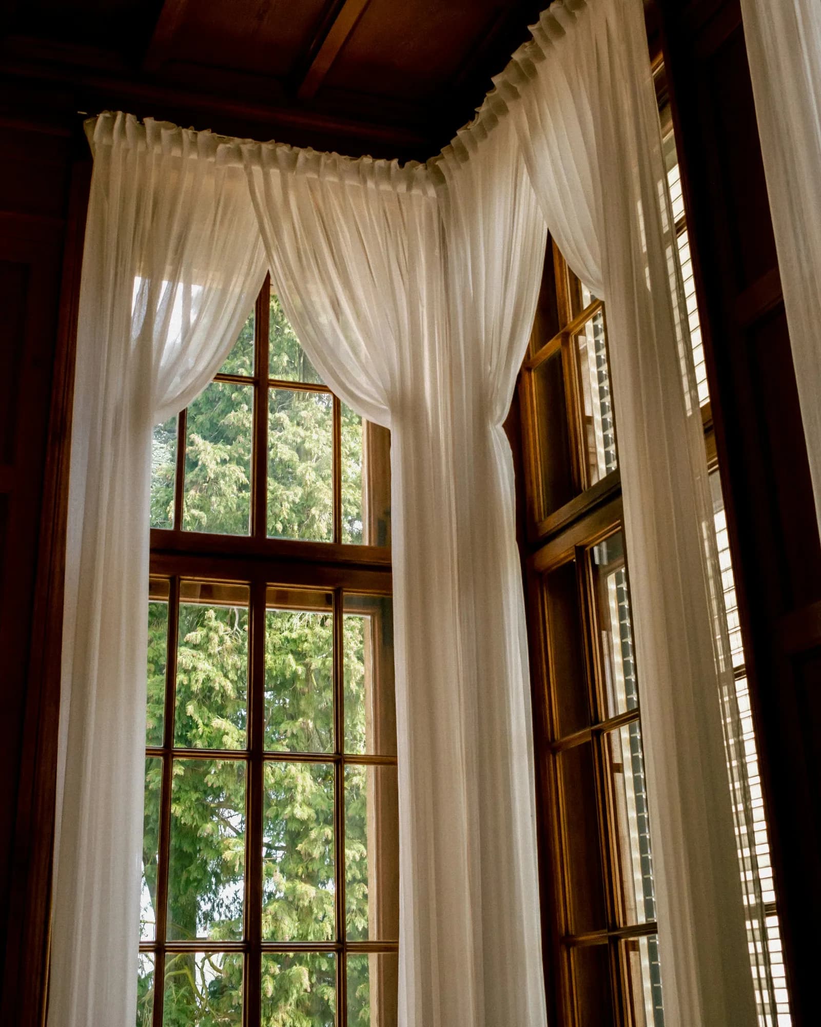AI-generated sample image: tall window dressed with floor-length sheer white curtains