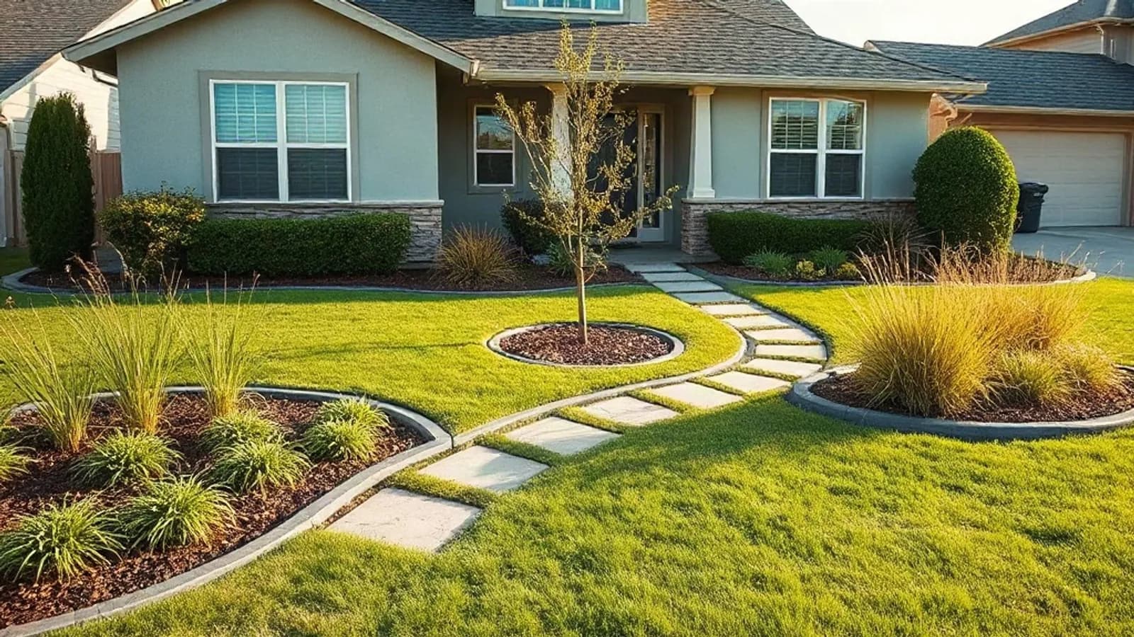 AI-generated sample image: suburban front yard with curved planting beds, ornamental grasses and a stone path to the door