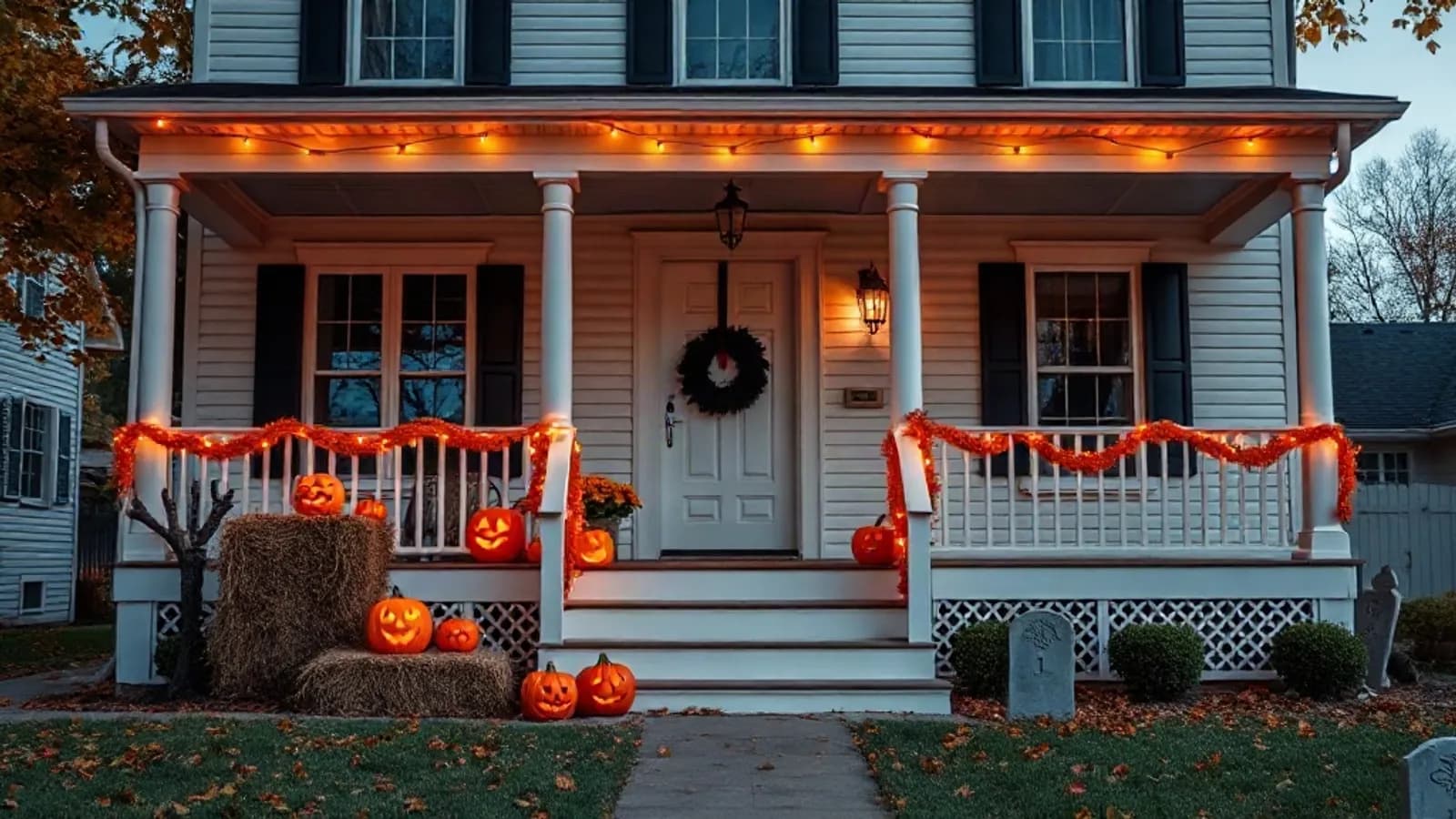 AI-generated sample image: white two-story house with a front porch decorated for Halloween at dusk, jack-o-lanterns on the steps, hay bales and orange lights on the railing
