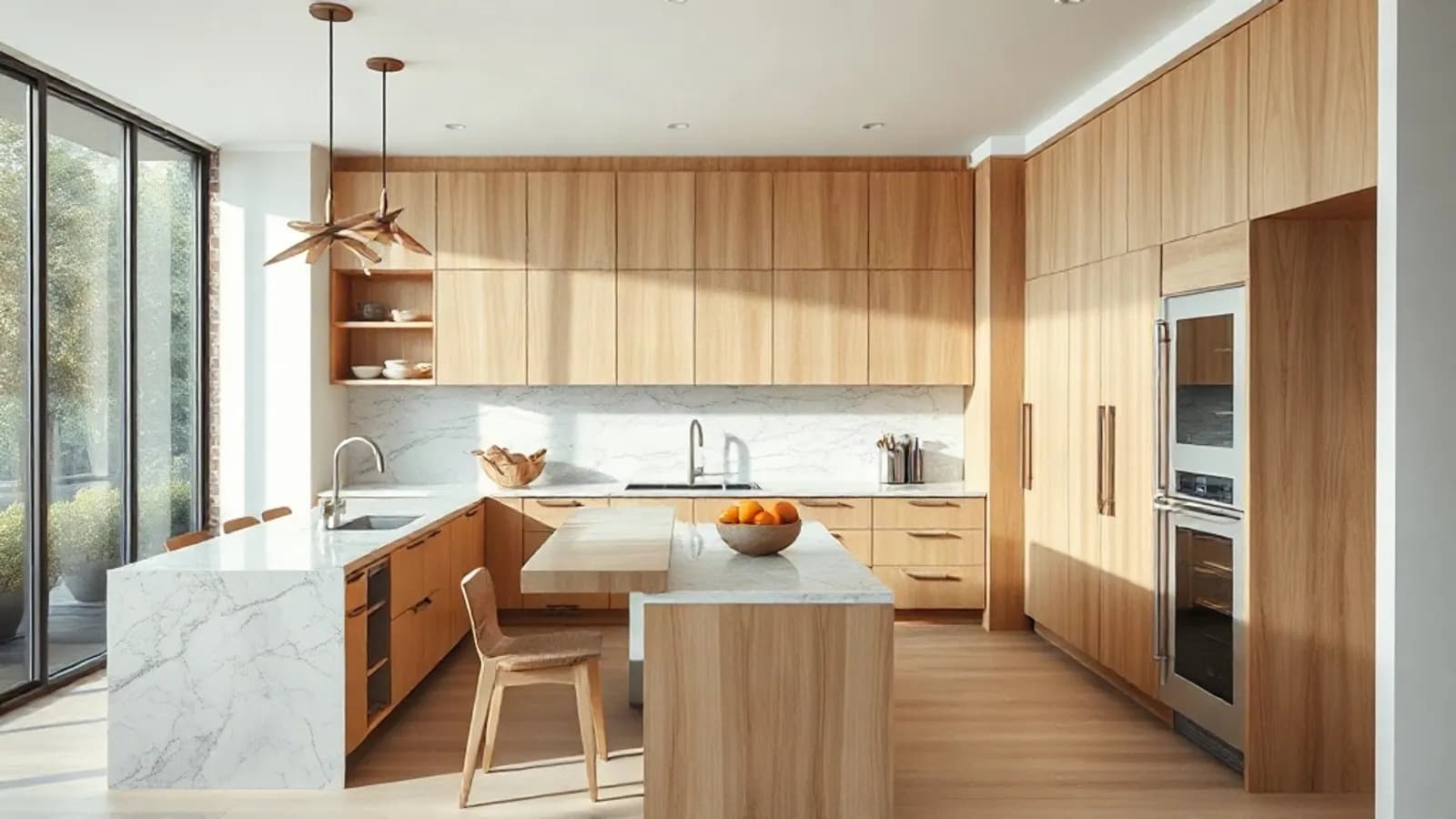 AI-generated sample image: kitchen with warm white oak slab cabinets, a marble-look island and sculptural pendant lights