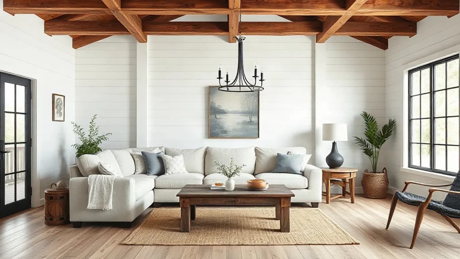 AI-generated sample image: modern farmhouse living room with white shiplap walls, wood ceiling beams and a linen sofa