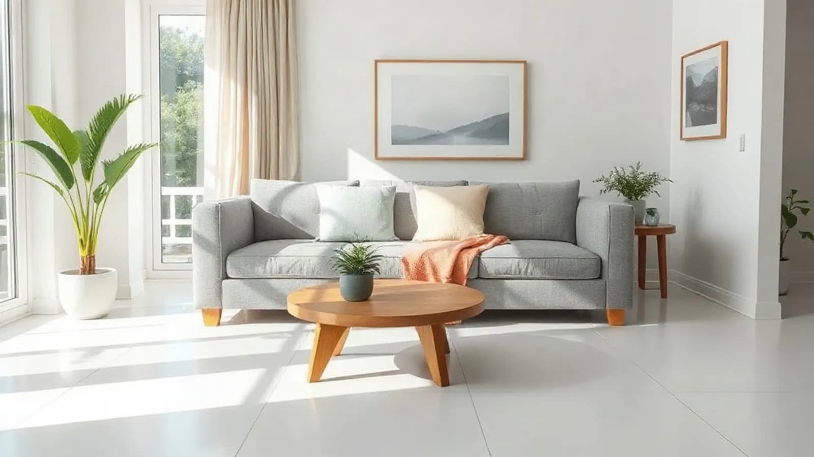AI-generated sample image: tidy bright living room with a gray sofa and an empty round oak coffee table