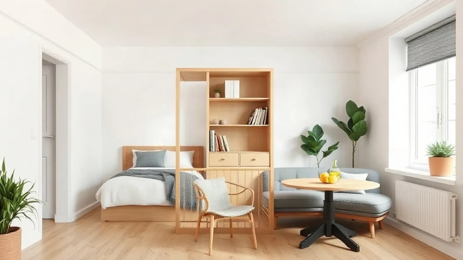 AI-generated sample image: bright studio apartment with a bed zoned behind an open bookshelf, a small sofa and a round table for two