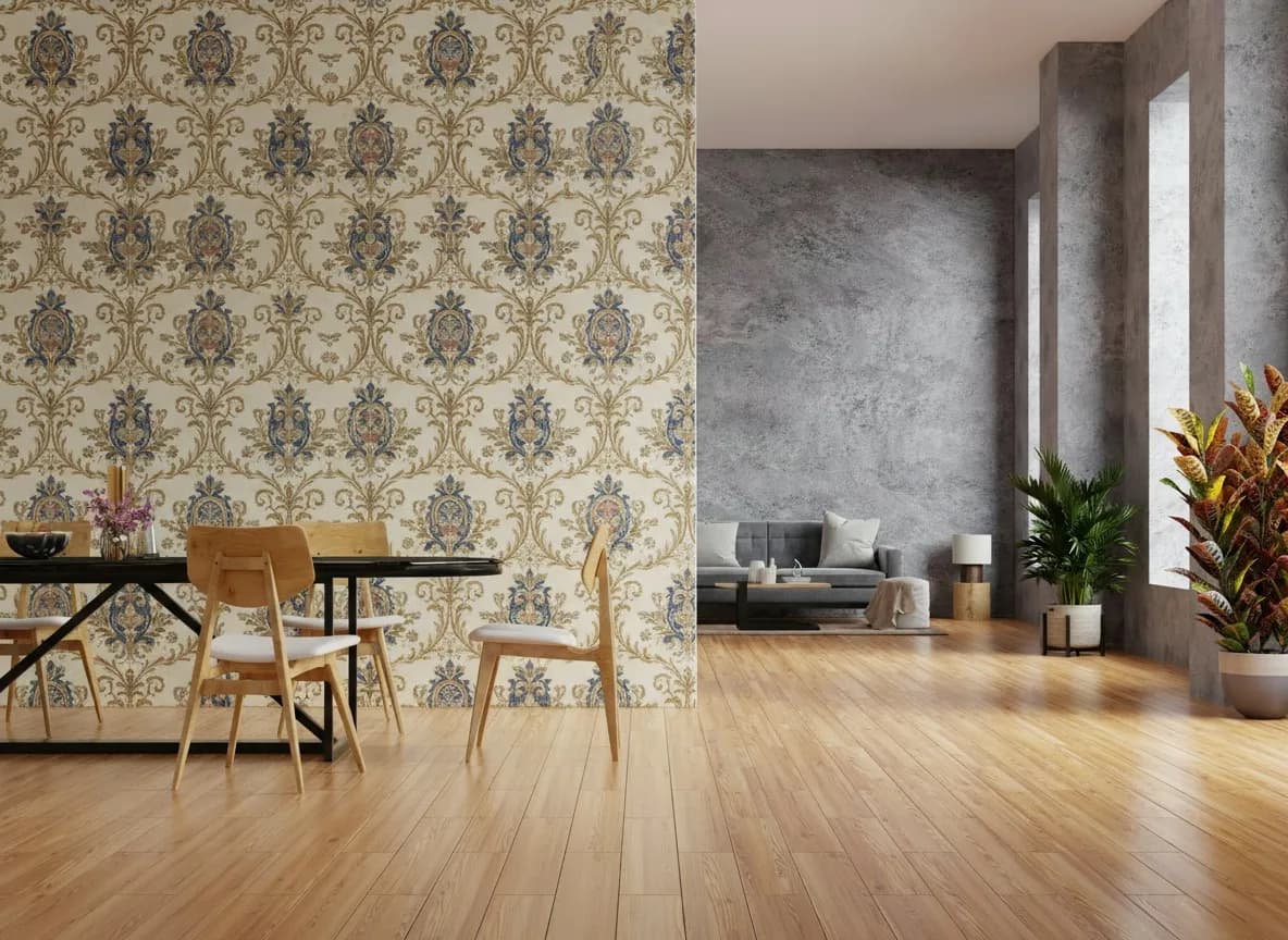 Sparse dining room before and after a sample AI redesign, after