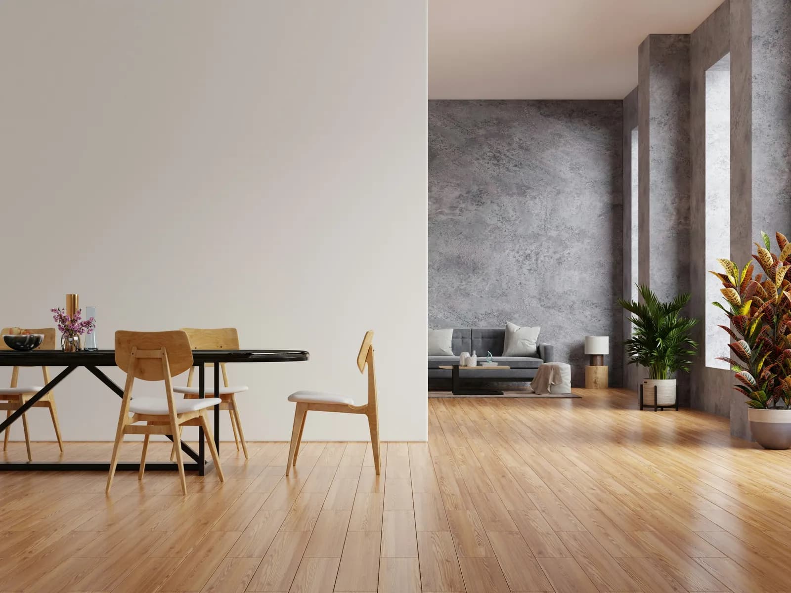 Sparse dining room before and after a sample AI redesign, before