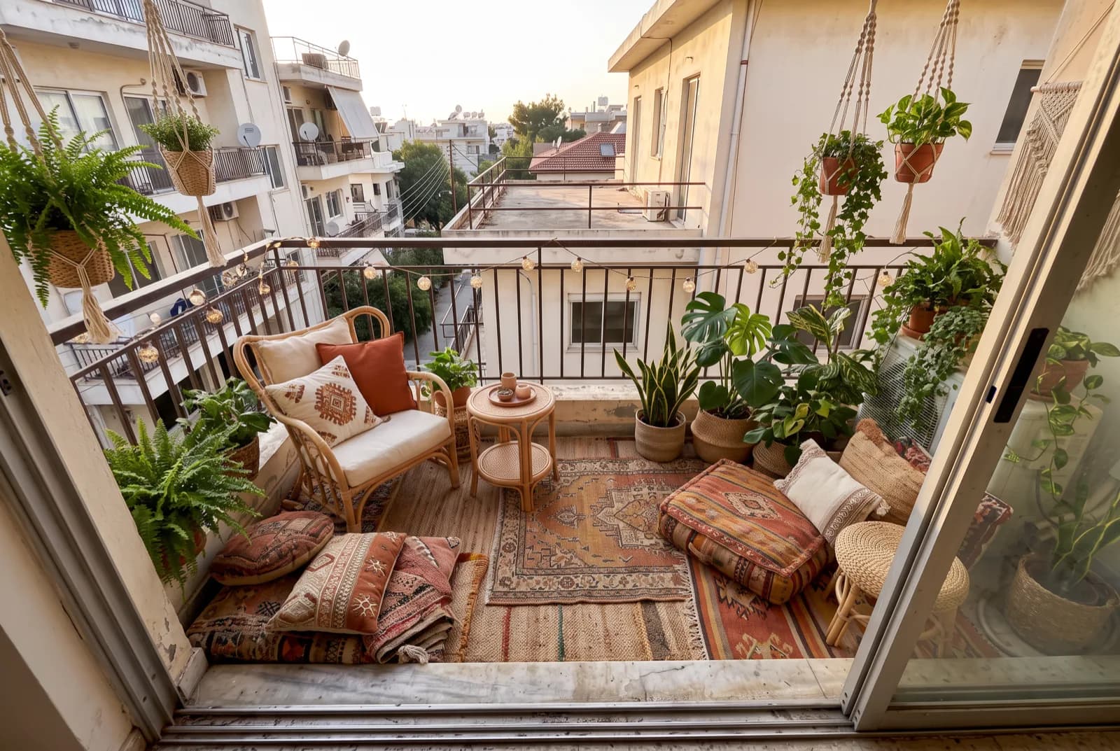 AI-generated sample redesign: Same balcony redesigned in boho style: rattan seating, layered rugs, hanging plants and string lights, after