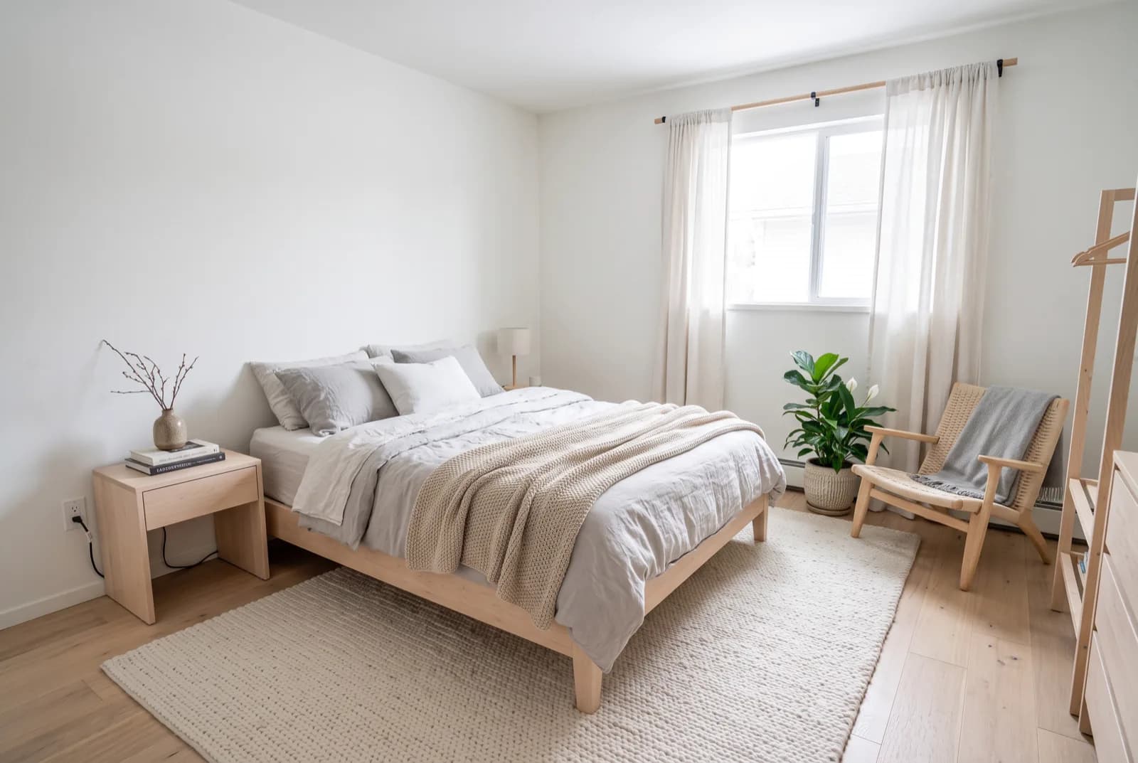 AI-generated sample redesign: Same bedroom redesigned in Scandinavian style: birch bed, soft wool textiles and light wood floor, after