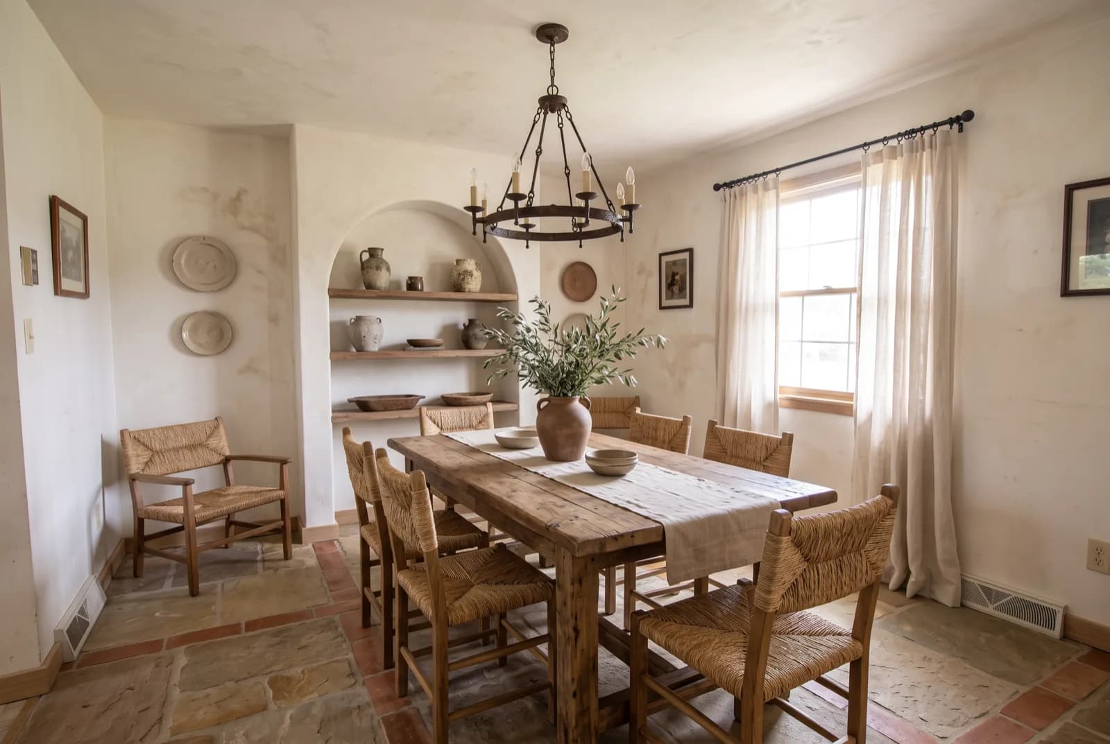 AI-generated sample redesign: Same dining room redesigned in Mediterranean style: limewashed walls, terracotta floor and rustic wood table, after