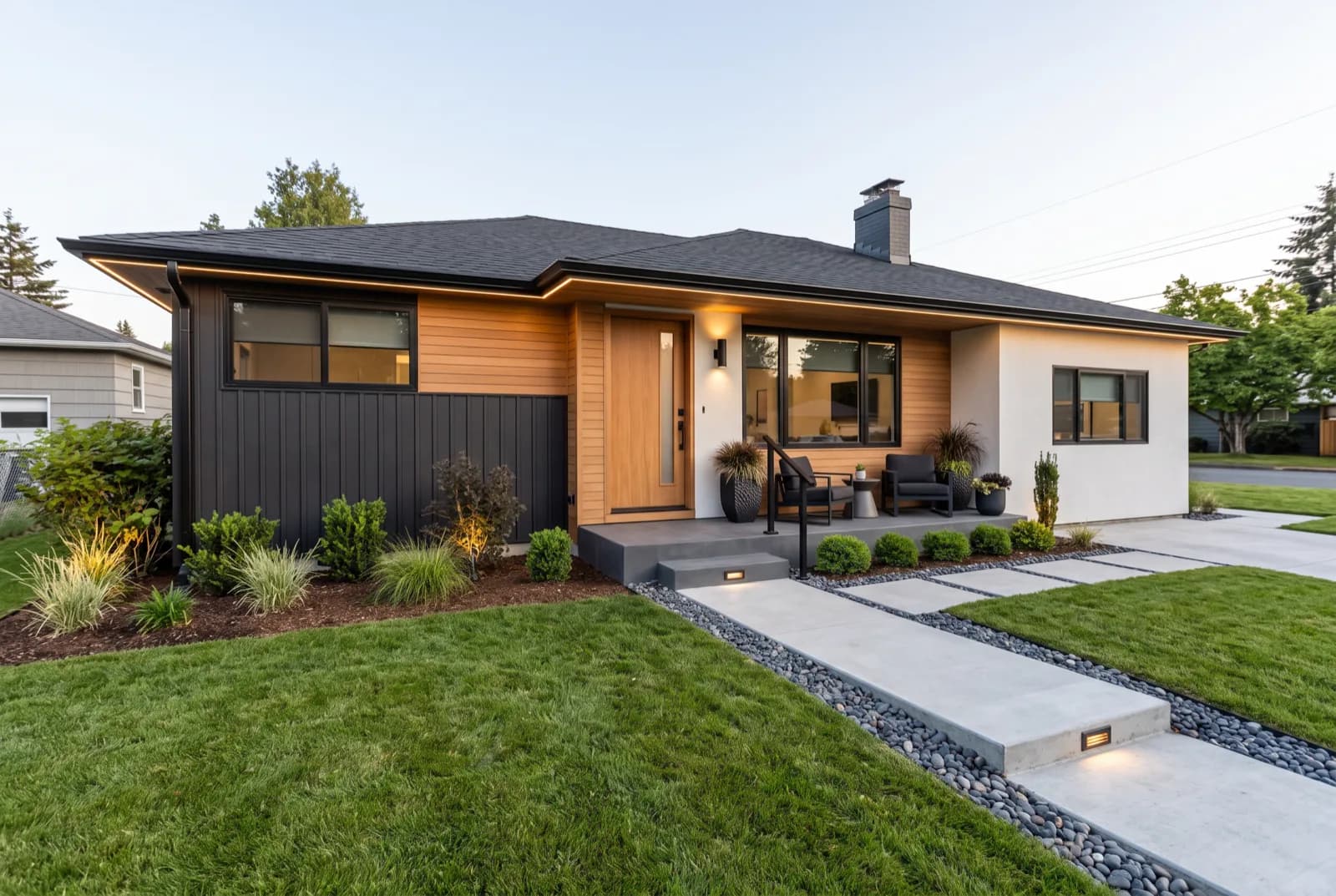AI-generated sample redesign: Same ranch house exterior redesigned in modern style: black and cedar cladding, new entry and lit concrete path