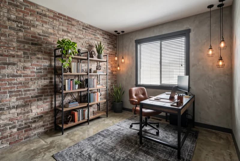 AI-generated sample redesign: Same home office redesigned in industrial style: exposed brick, steel shelving and Edison pendants