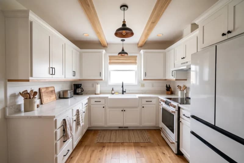 AI-generated sample redesign: Same kitchen redesigned in modern farmhouse style: white shaker cabinets, wood beams and farmhouse sink