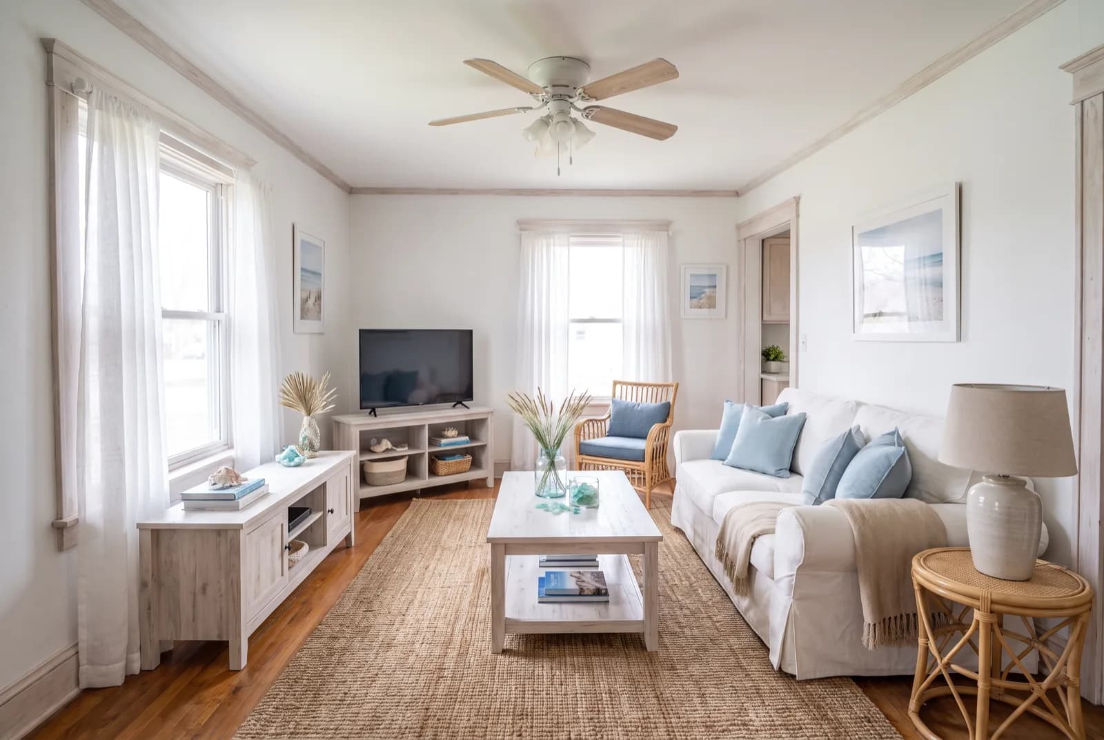 AI-generated sample redesign: Same living room redesigned in coastal style: white slipcovered sofa, jute rug and sheer curtains, after