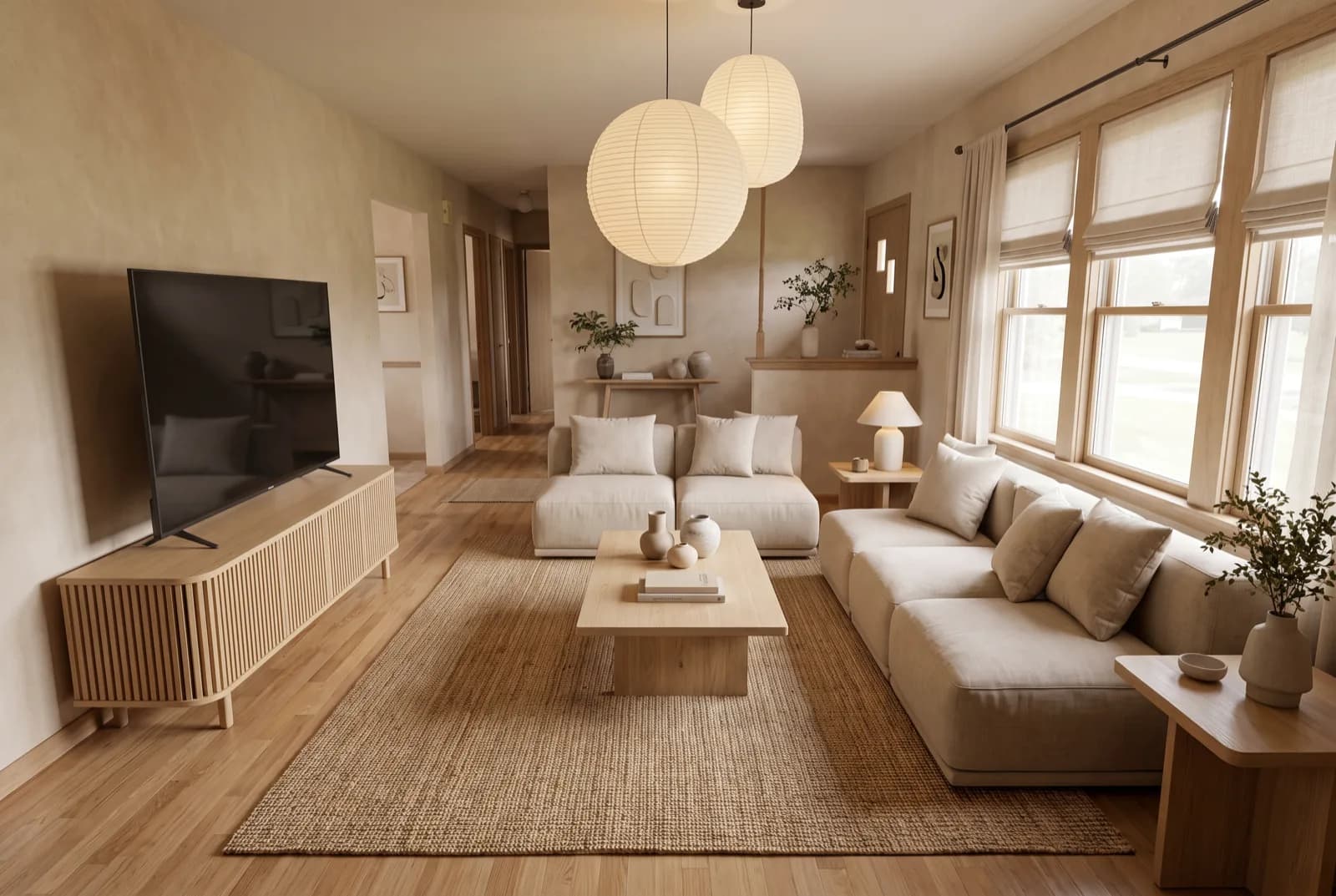 AI-generated sample redesign: Same living room redesigned in Japandi style: light oak, linen sofa and paper lantern lighting, after