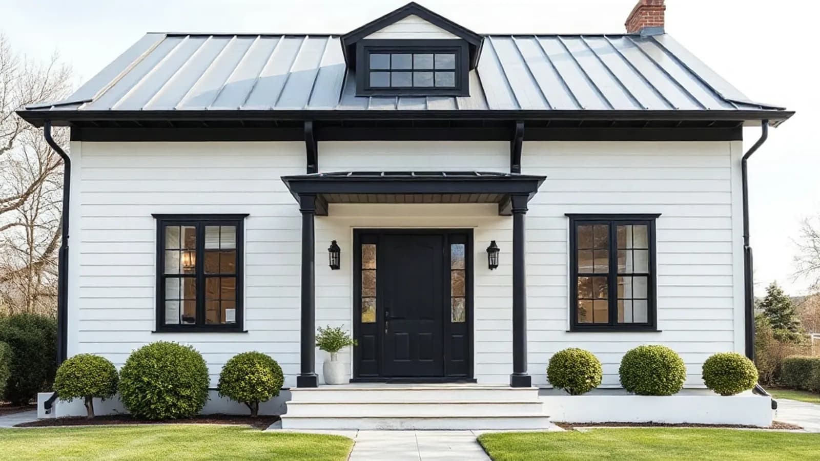 AI-generated sample image: white two-story house with black window frames, black front door and a standing seam metal roof
