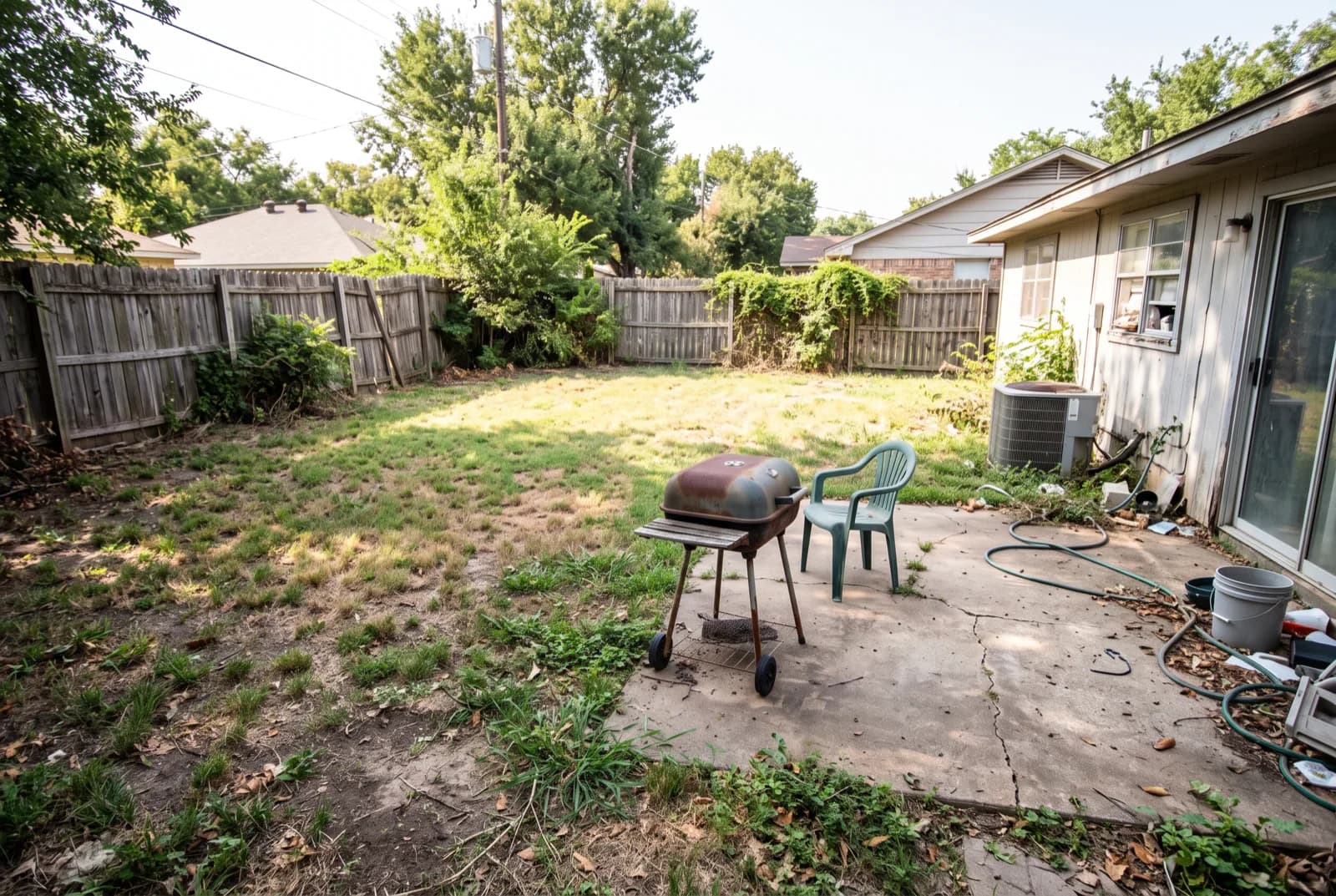 AI-generated sample redesign: Same backyard redesigned as a landscaped garden: lush lawn, planting beds, stone patio and dining set, before